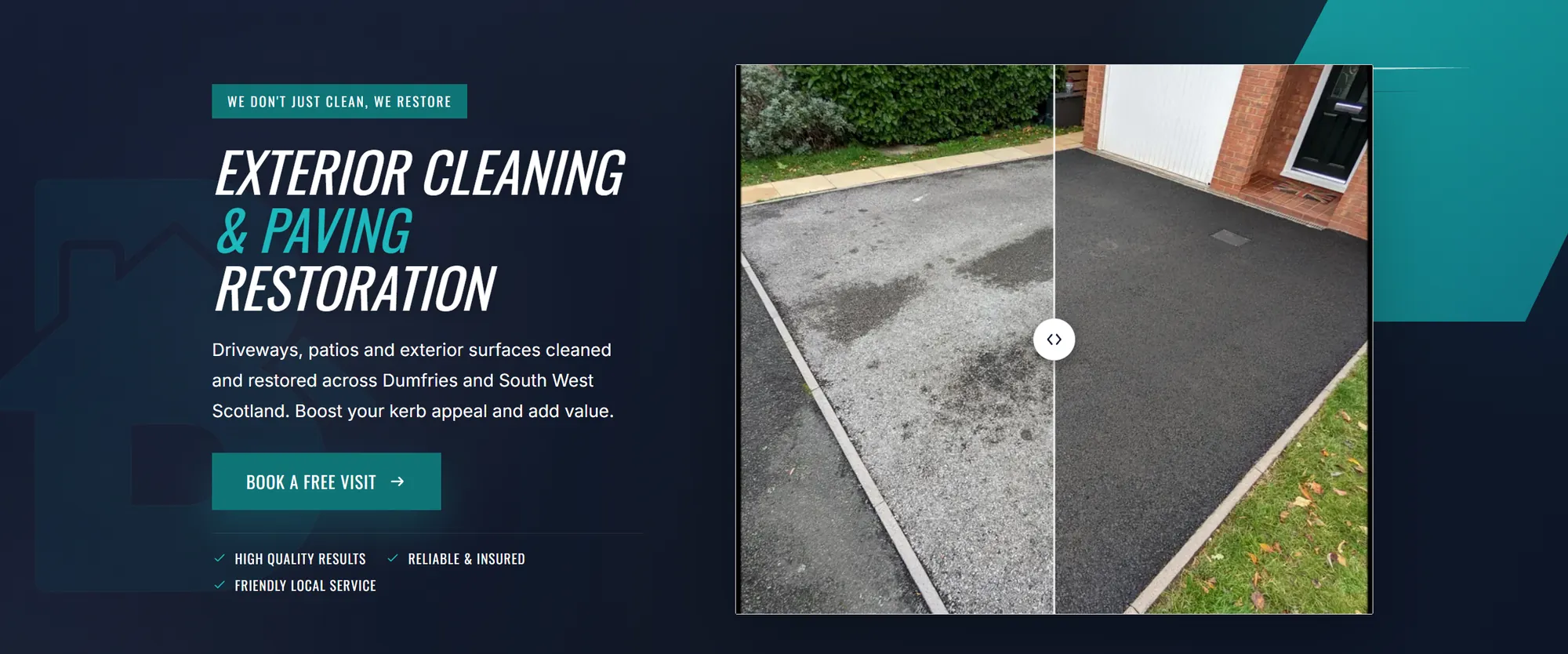 Homepage of the Baillie Exterior Cleaning & Restoration website showing a driveway before-and-after
